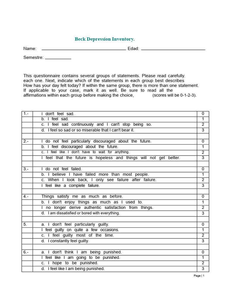 Beck Depression Inventory | PDF | Major Depressive Disorder | Mental Health