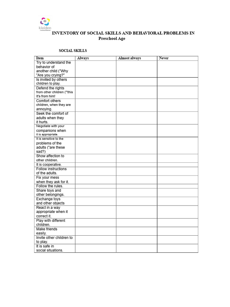Preschool Social Skills and Behavior Inventory | PDF