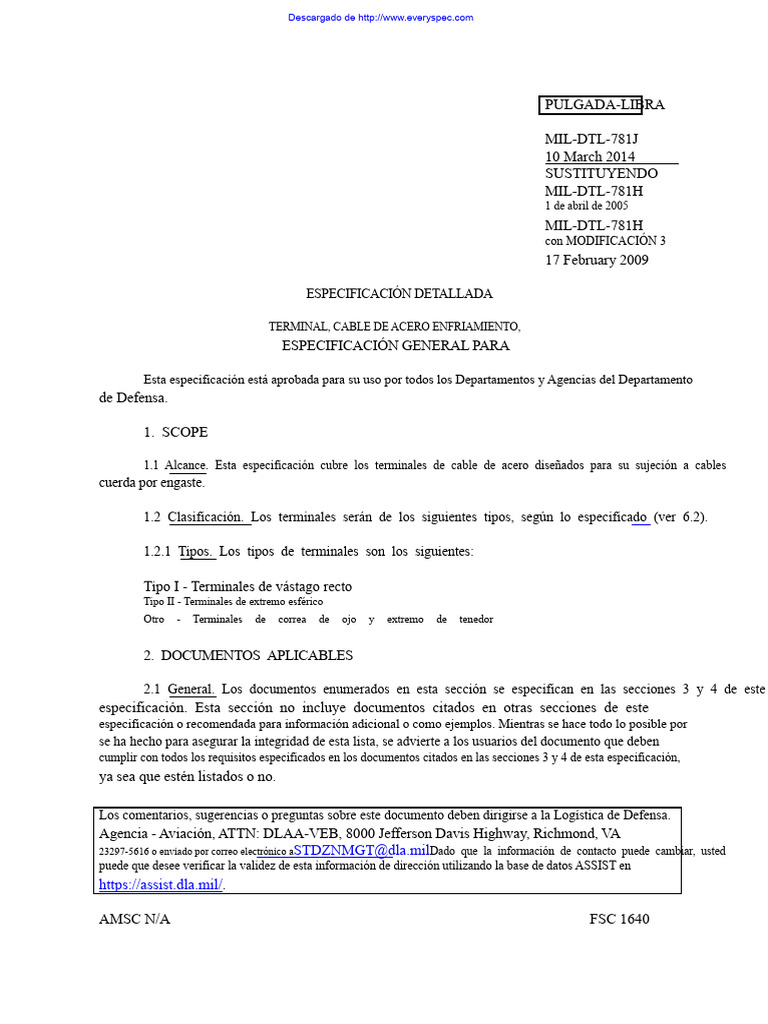 Especificación MIL-DTL-781J para Terminales de Cable | PDF | Acero | Cable
