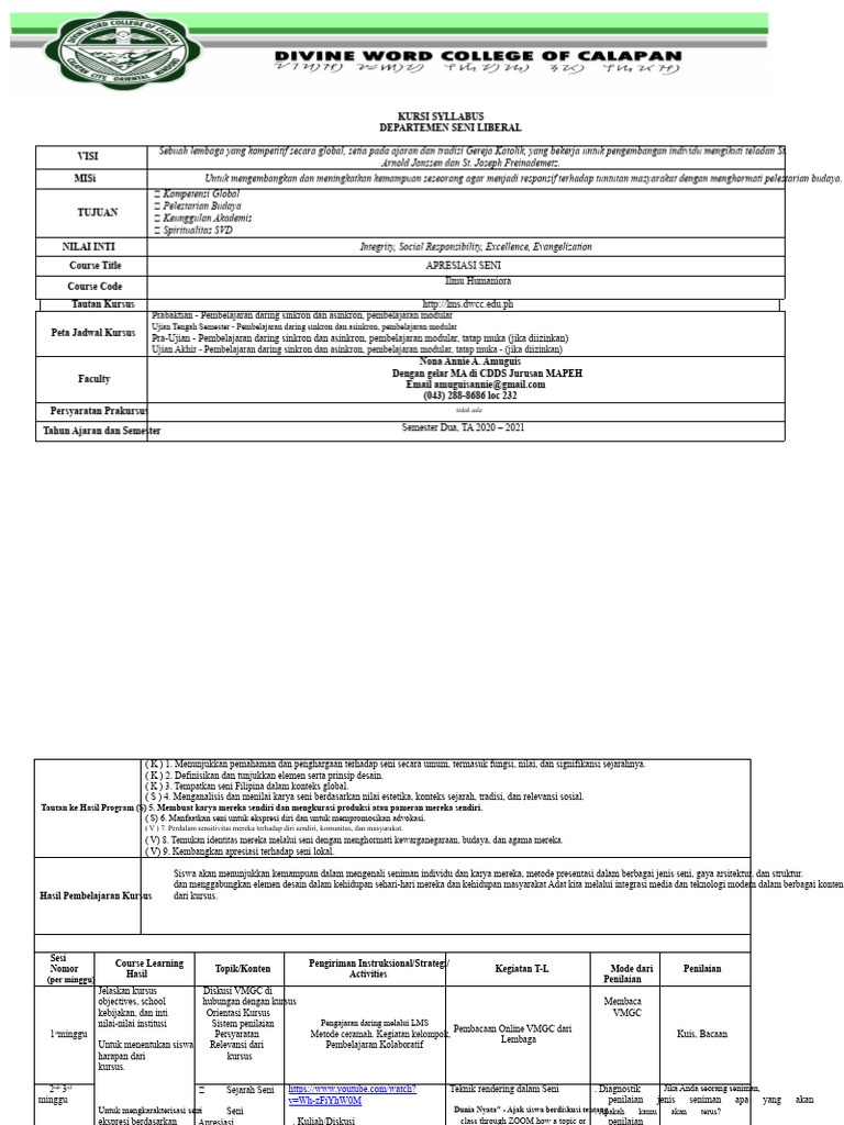 Syllabus Kursus Apresiasi Seni Humaniora | PDF