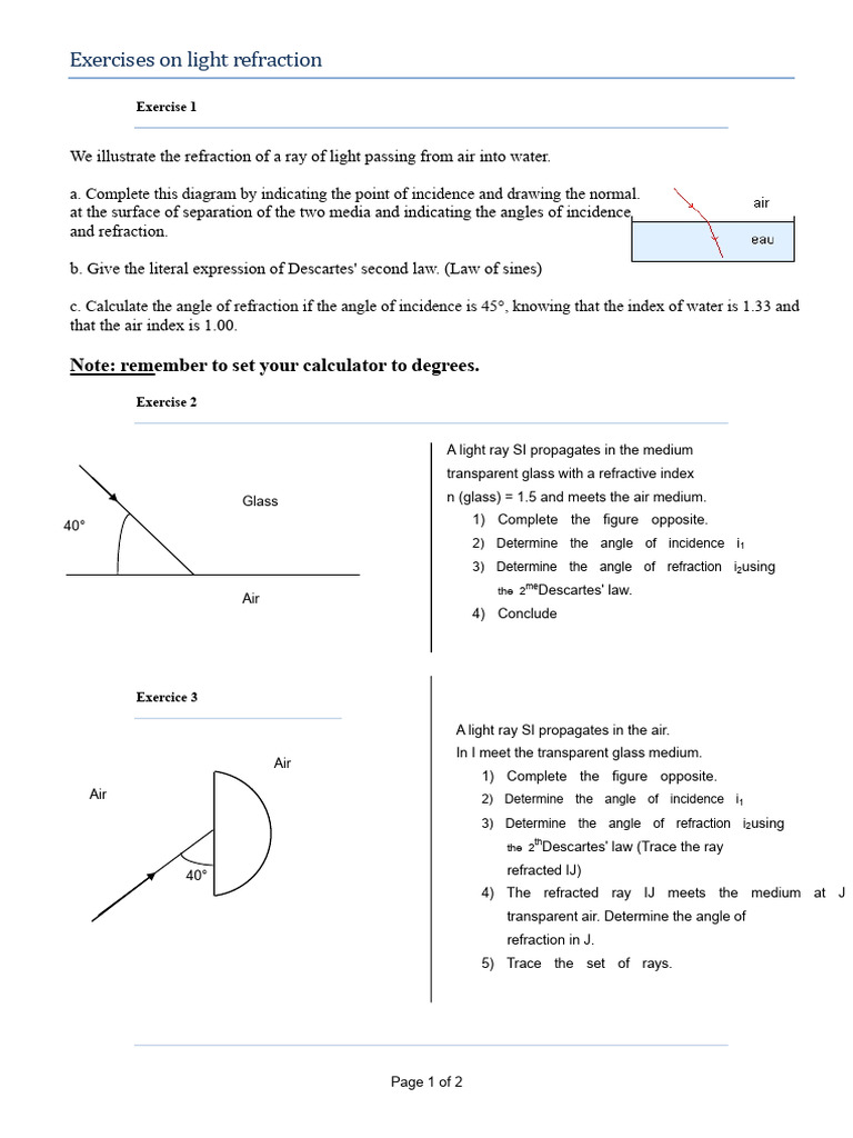 Refraction Exercises | PDF | Refraction | Radiation