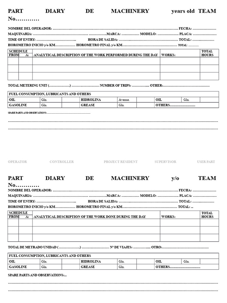 Machinery Daily Log Template | PDF | Liquids | Materials
