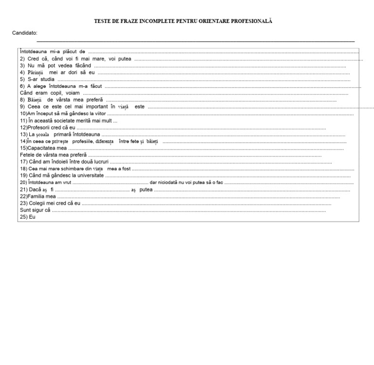 Test de Propoziții Incomplete | PDF