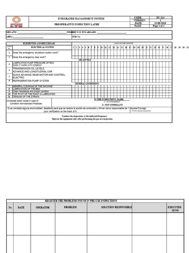 Preoperative Lathe Inspection Checklist | PDF | Manufactured Goods ...