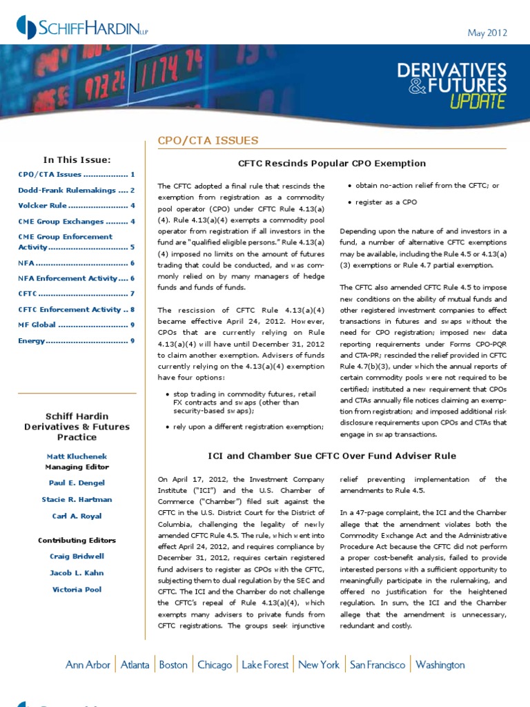 Schiff Hardin Derivatives & Futures Update (May 2012) PDF Commodity Futures Trading