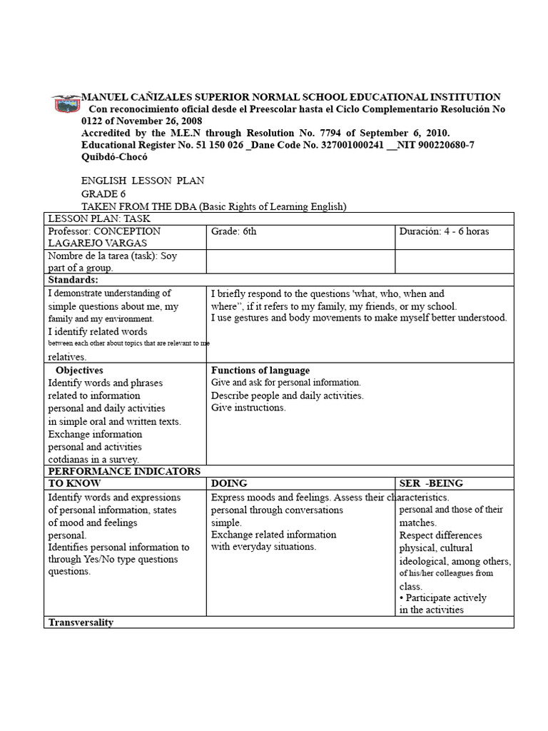 My First Lesson Plan Sixth Grade. Personal Information 1 | PDF ...
