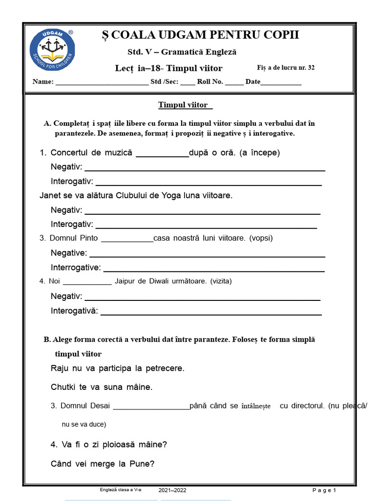 18-Timpul Viitor - Fișa de Lucru Nr. 32 | PDF