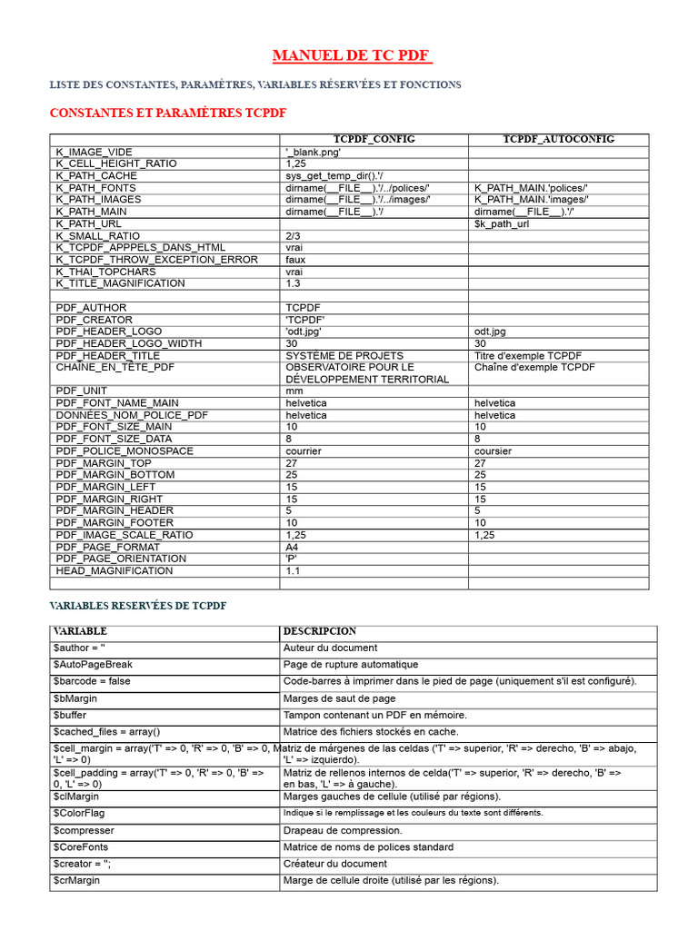 Guide des constantes et fonctions TCPDF | PDF | Police d'écriture ...