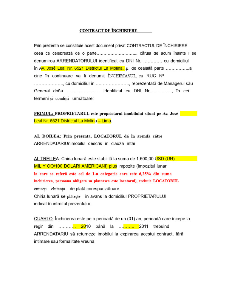 Model de Contract de Închiriere | PDF