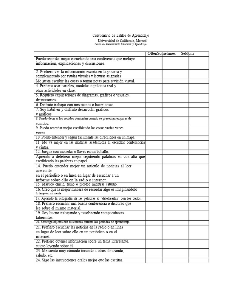 Cuestionario de Estilos de Aprendizaje | PDF | Aprendizaje | Cognición