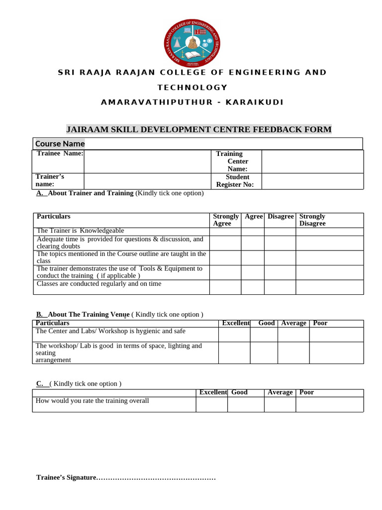 Jairaam Skill Development Feedback Form | PDF