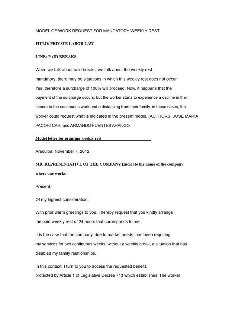 Model of Labor Request For Mandatory Weekly Rest | PDF