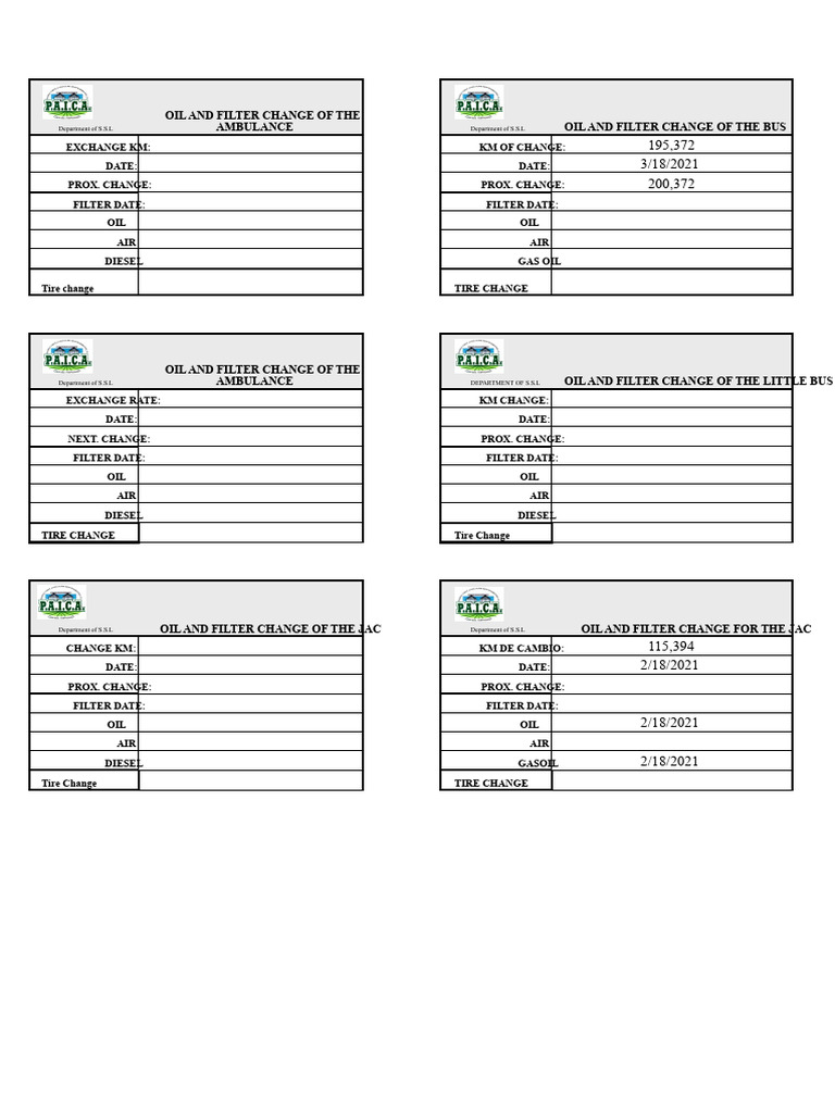 Vehicle Oil and Filter Change Log | PDF | Commercial Vehicles ...