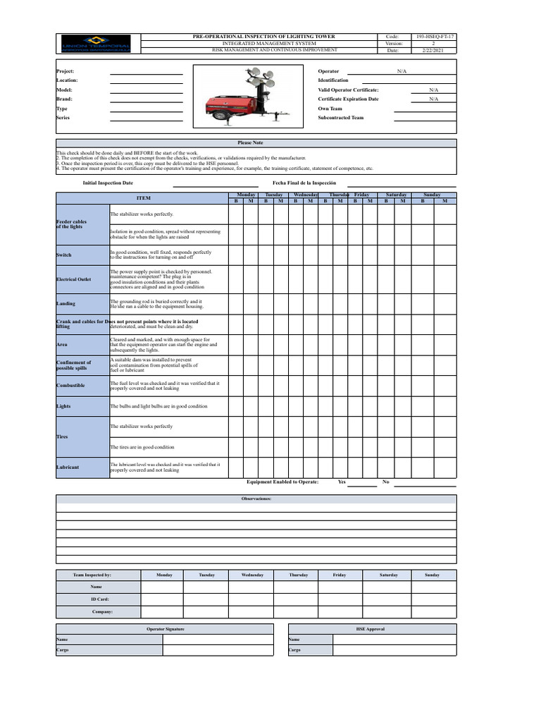 Daily Lighting Tower Inspection Checklist | PDF