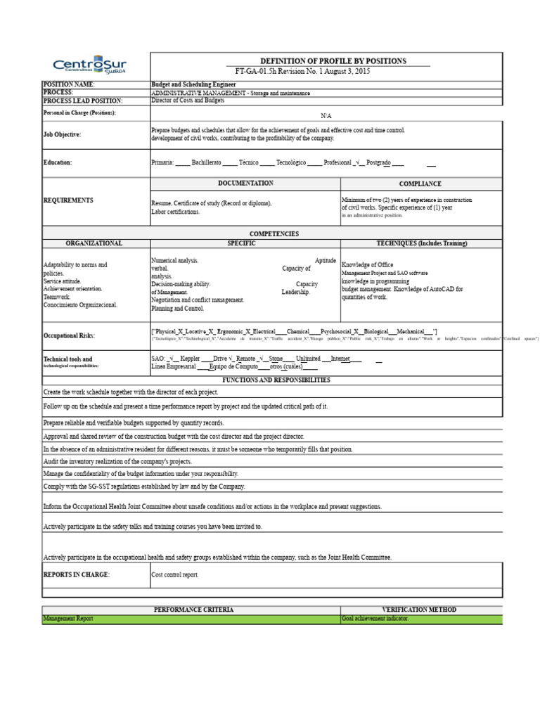Budget and Scheduling Engineer Profile | PDF | Occupational Safety And ...