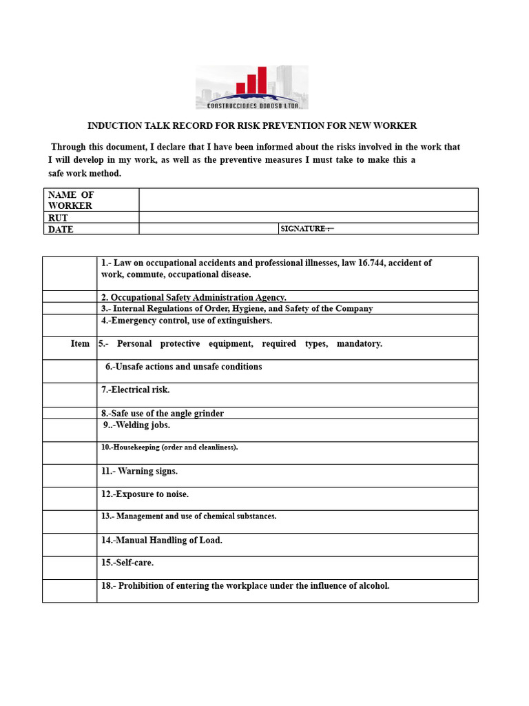 New Worker Risk Prevention Induction Guide | PDF