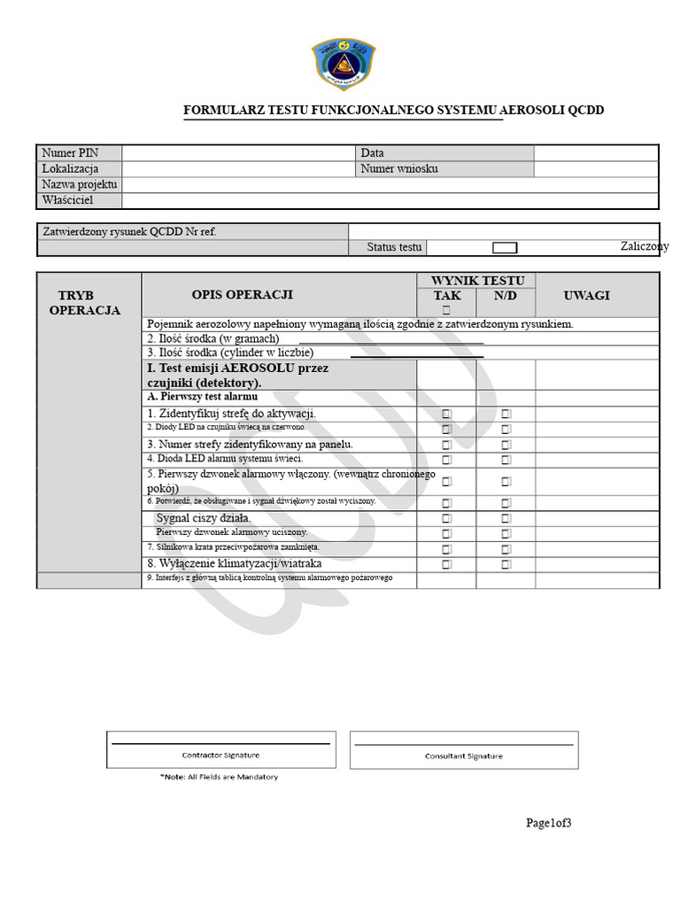 Formularz Testu Funkcjonalnego Systemu Aerozolowego QCDD | PDF
