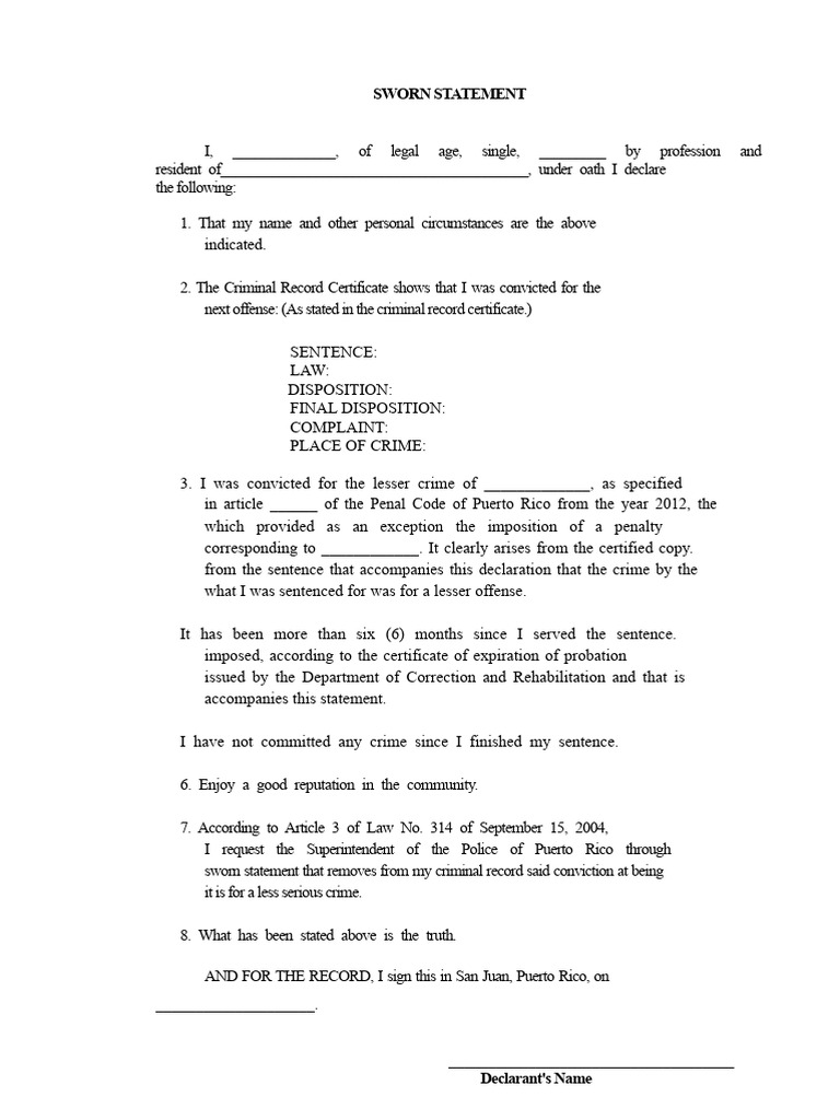 Sworn Statement for Criminal Record Expungement | PDF