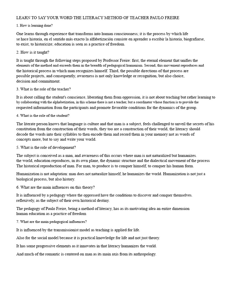 Learning To Say Your Word The Literacy Method of Professor Paulo Freire ...