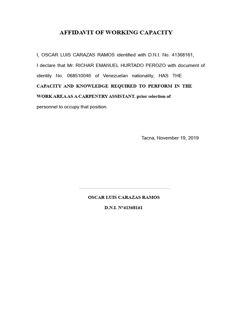 Affidavit of Carpentry Assistant Capacity | PDF