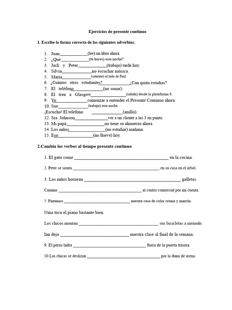Ejercicios de Presente Continuo y Simple | PDF