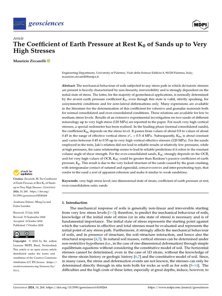 The Coefficient of Earth Pressure at Rest K0 of Sands Up To Very High ...