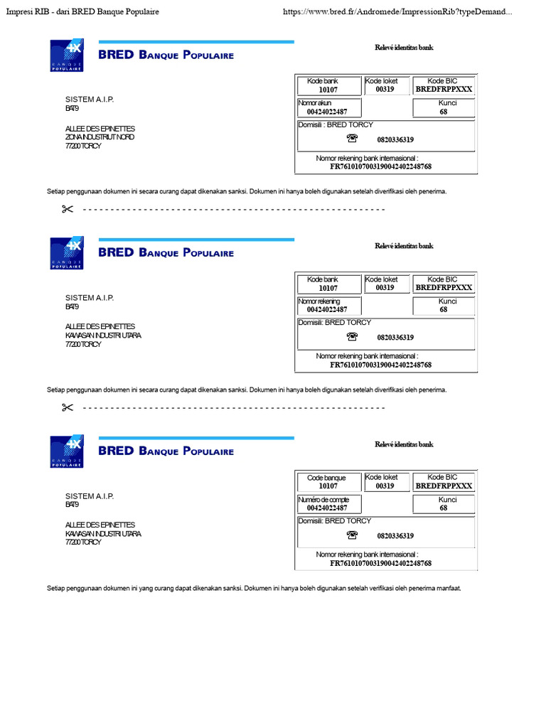RIB BRED Banque Populaire: Informasi Akun | PDF