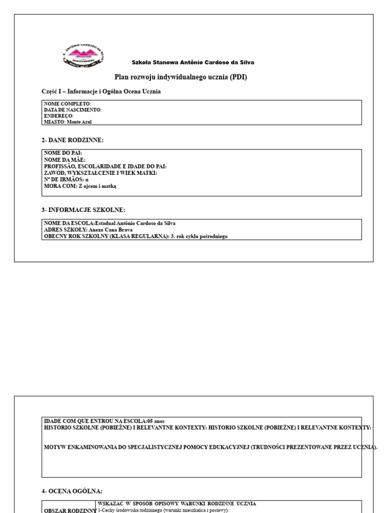 Plan Rozwoju Indywidualnego Ucznia (PDI) : Część I Informacje I Ogólna ...