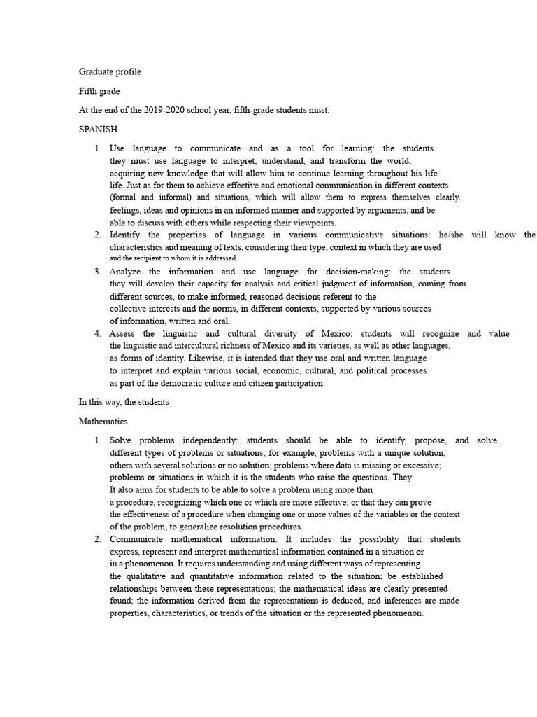 Fifth Grade Graduation Profile | PDF | Knowledge | Science