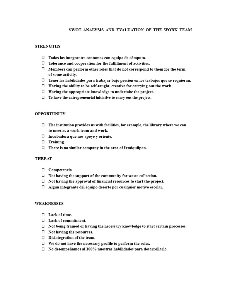 Swot Analysis and Evaluation of The Work Team | PDF