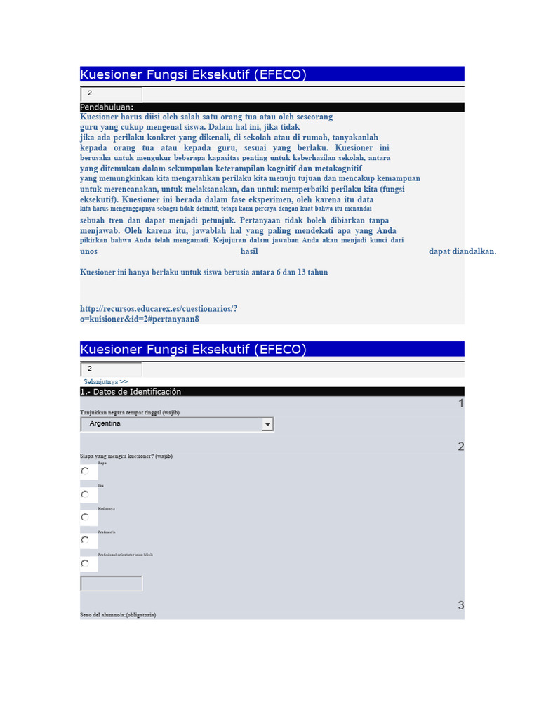 Kuesioner Evaluasi Fungsi Eksekutif | PDF