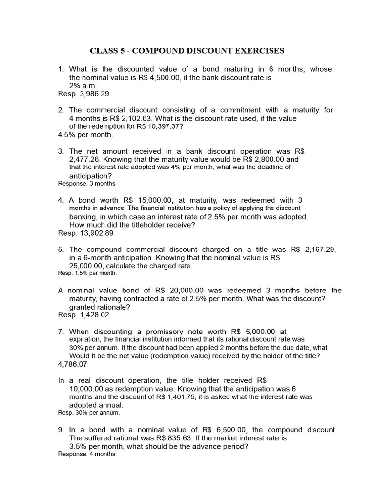 Compound Discount Exercises for Class 5 | PDF | Discounting | Interest ...