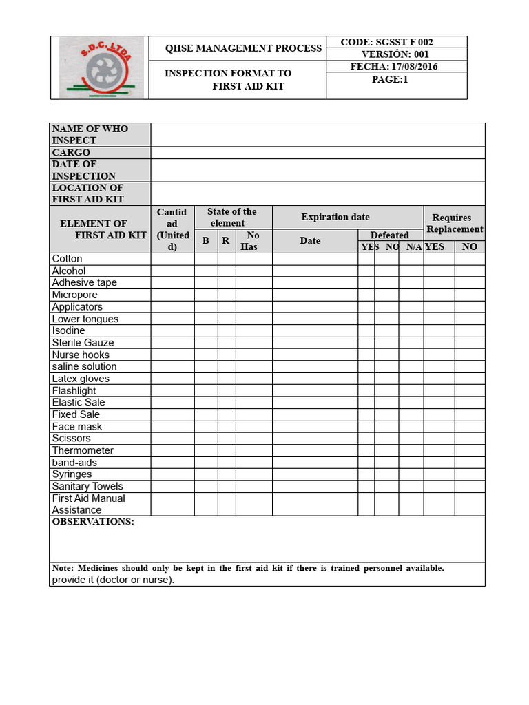 First Aid Kit Inspection Format | PDF