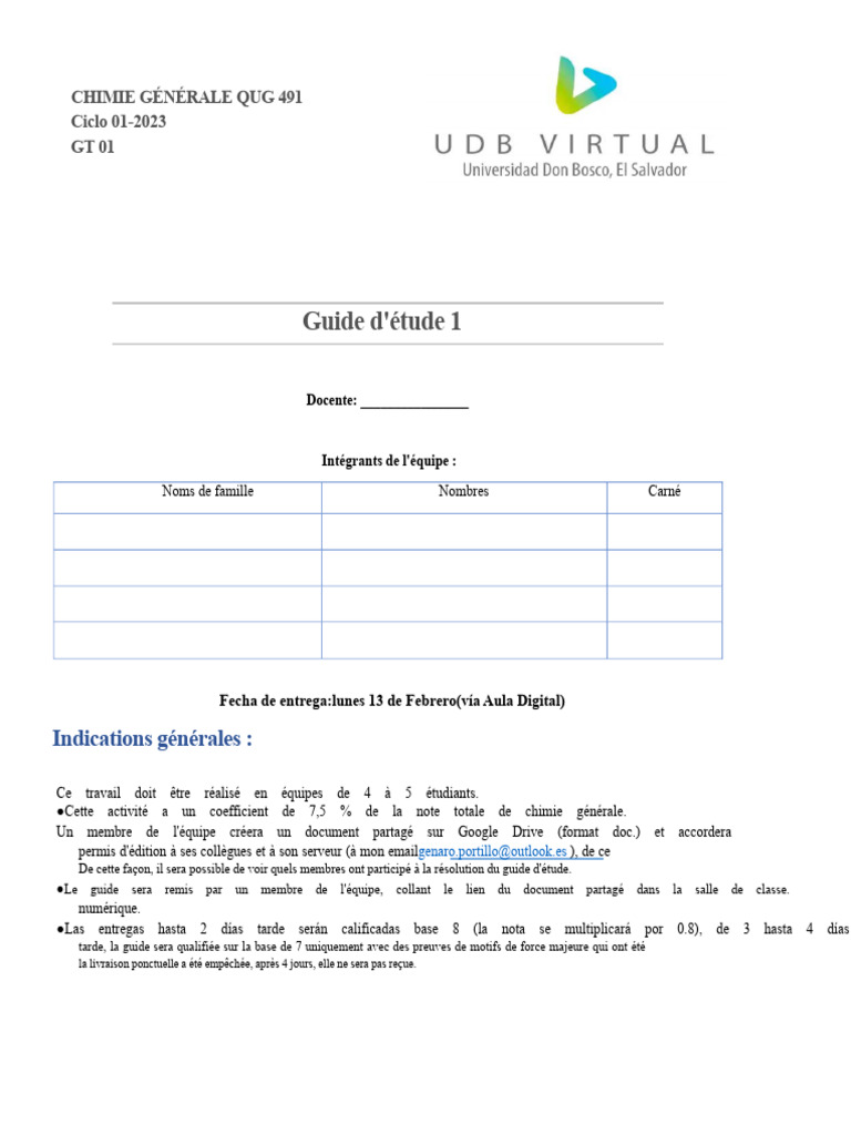 Guide d'étude Chimie Générale QUG 491 | PDF | Pression | mesure de pression
