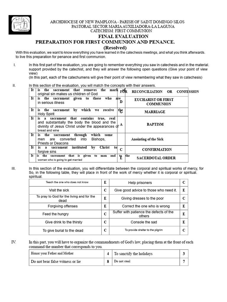 First Communion Catechism Evaluation | PDF | Eucharist | Sacraments