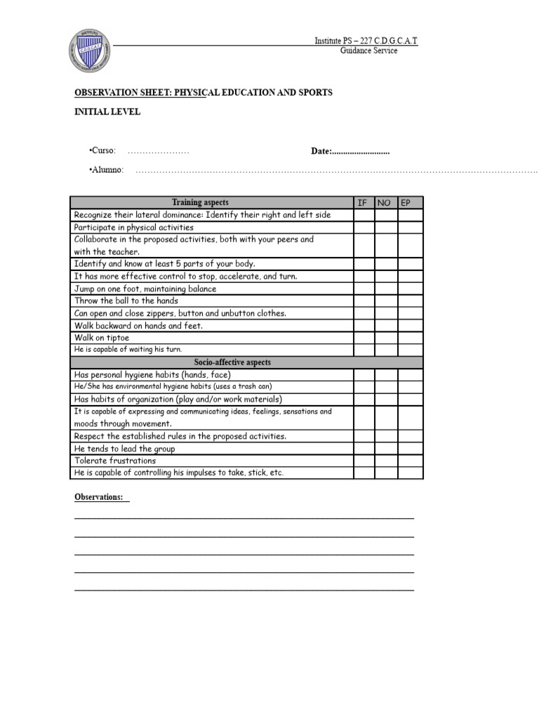 Physical Education Observation Sheets | PDF | Psychological Concepts ...