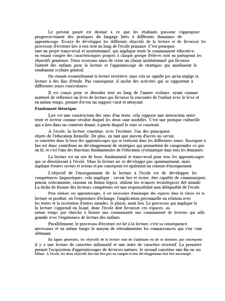 Projet de Lecture et Écriture à l'École | PDF | Apprentissage ...