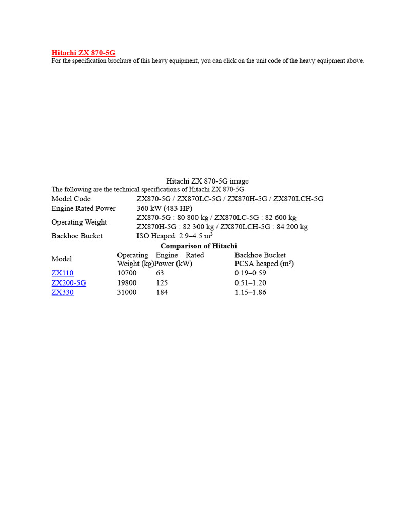 Hitachi ZX 870-5G Specifications Guide | PDF