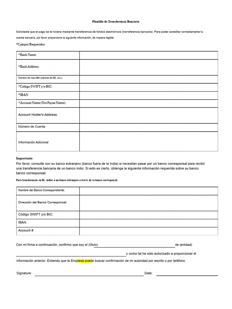 Plantilla para Transferencia Bancaria | PDF