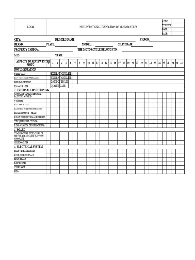 Motorcycle Pre-Operational Inspection Checklist | PDF | Motorcycle ...
