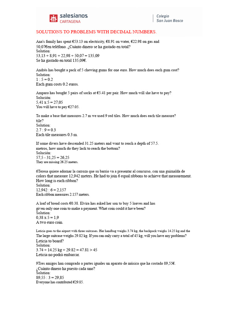 Solutions Problems With Decimal Numbers | PDF