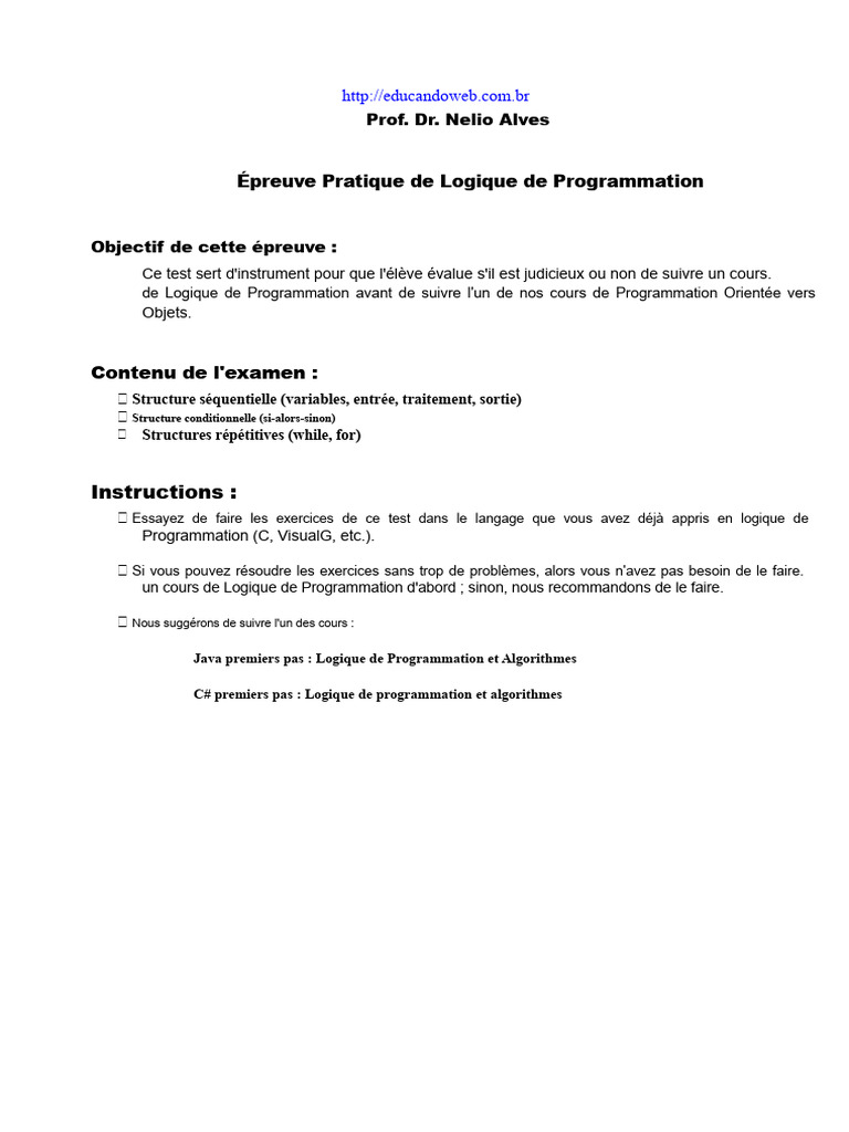 Test de Logique de Programmation | PDF | Programmation informatique ...