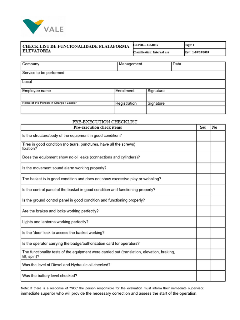 Elevator Platform Functionality Checklist | PDF