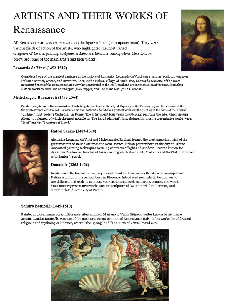 Key Renaissance Artists and Their Works | PDF | Michelangelo | Renaissance