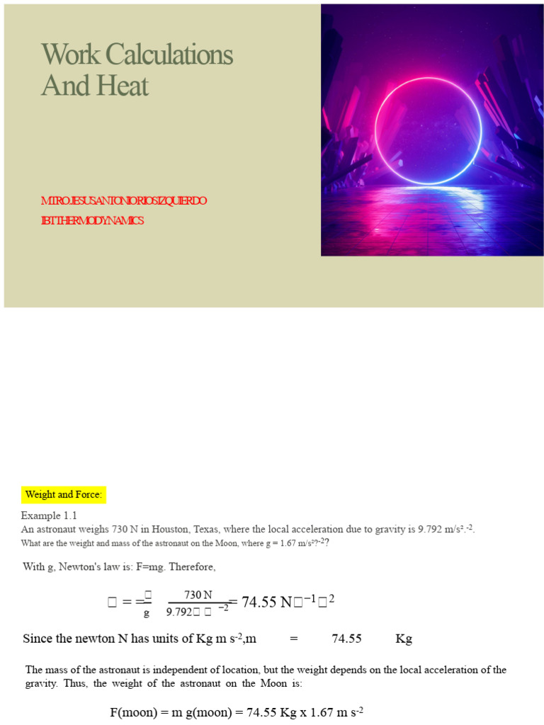Work and Energy Calculations in Thermodynamics | PDF | Weight | Heat