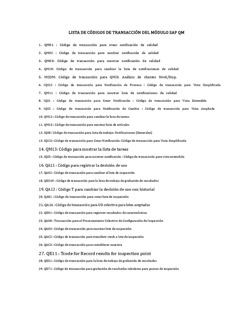 Códigos de Transacción SAP QM | PDF | Sistema de manejo de calidad
