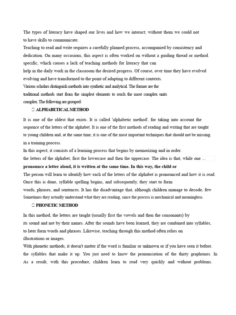 Literacy Teaching Methods Explained | PDF | Syllable | Literacy