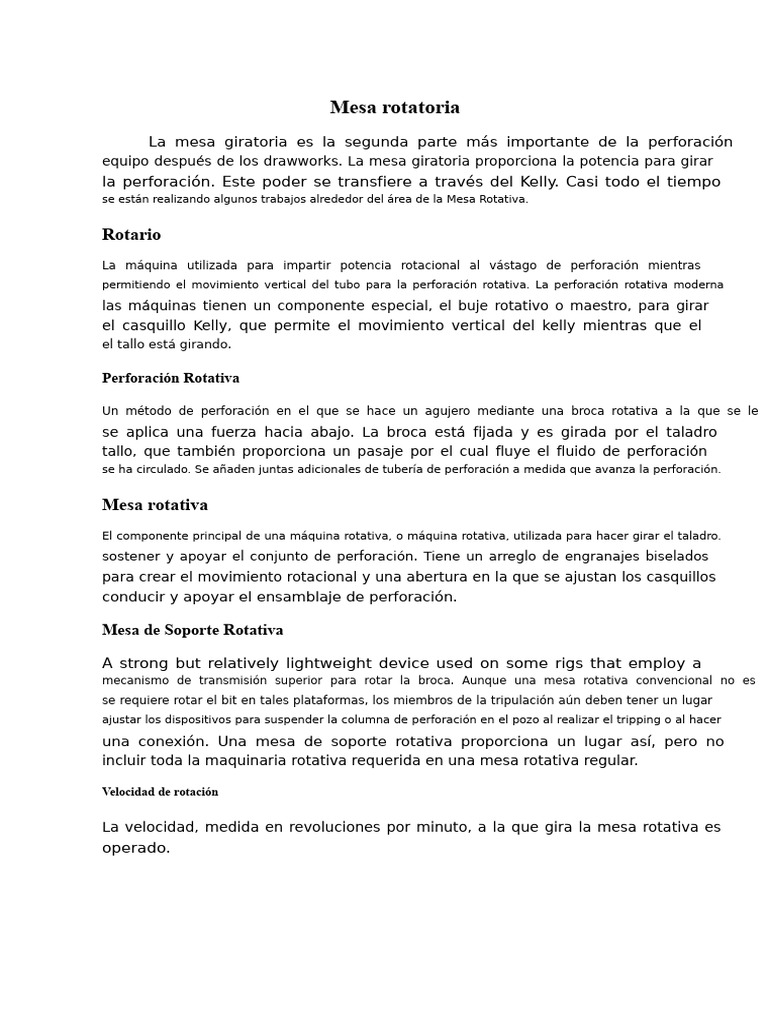 Mesa Rotativa | PDF | Perforación | Perforar