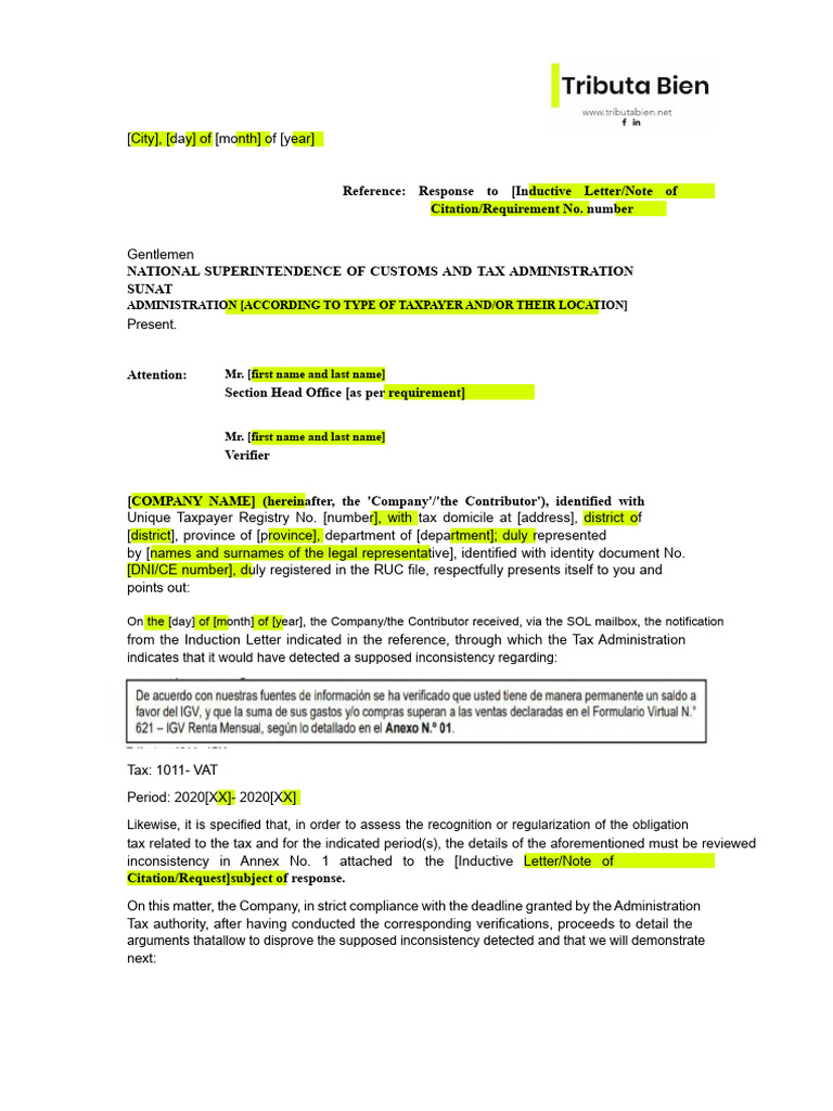Response to SUNAT Tax Inconsistency Notice | PDF | Taxes | Debits And ...