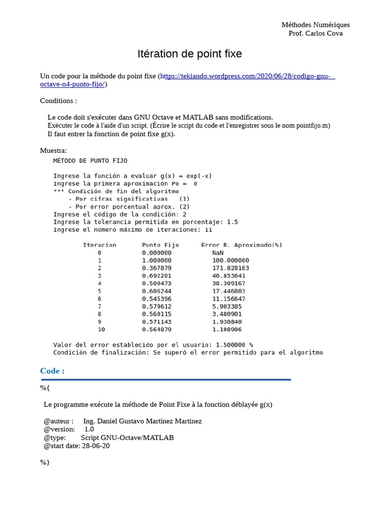 Méthode du Point Fixe en Octave/MATLAB | PDF | Mathématiques appliqués ...